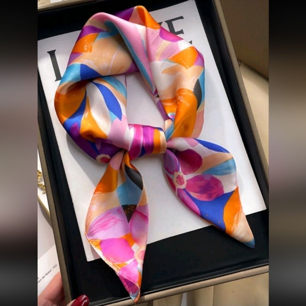Floral Purple Orange Multicolor Satin Scarf